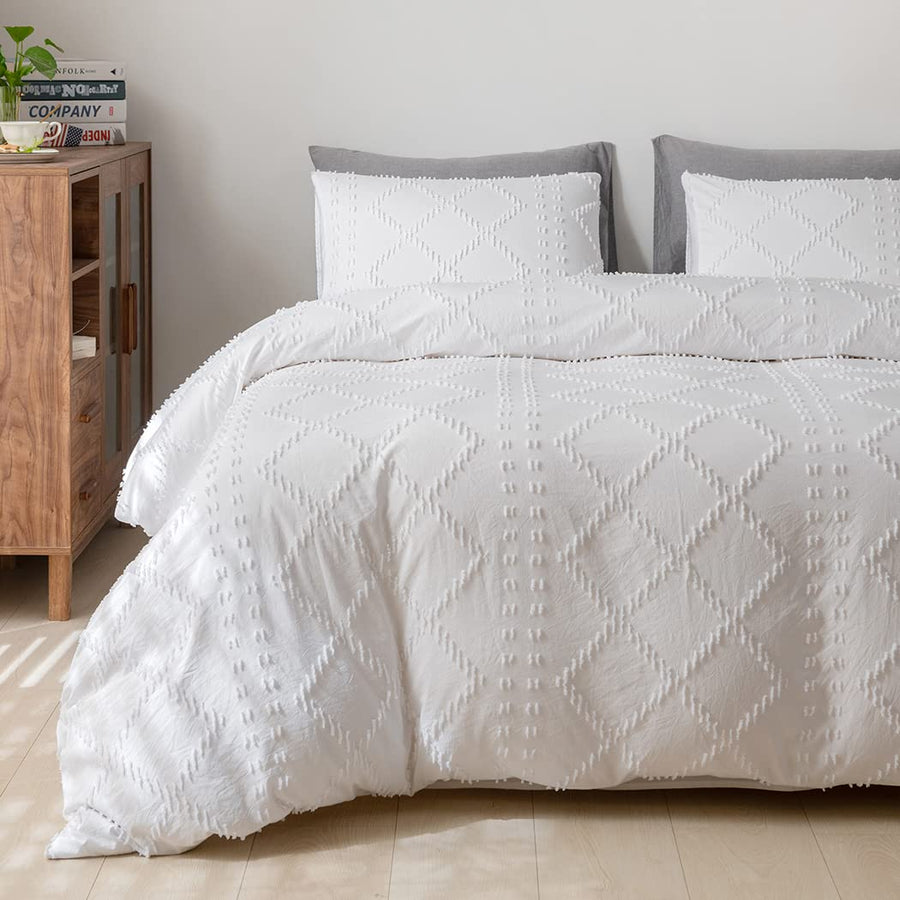 Duvet Cover Set, Boho Tufted Queen Size Bedding Set, White Embroidery Shabby Chic Breathable Ultra Soft Duvet Cover Set (1 Duvet Cover 90x90 inches + 2 Pillowcases)