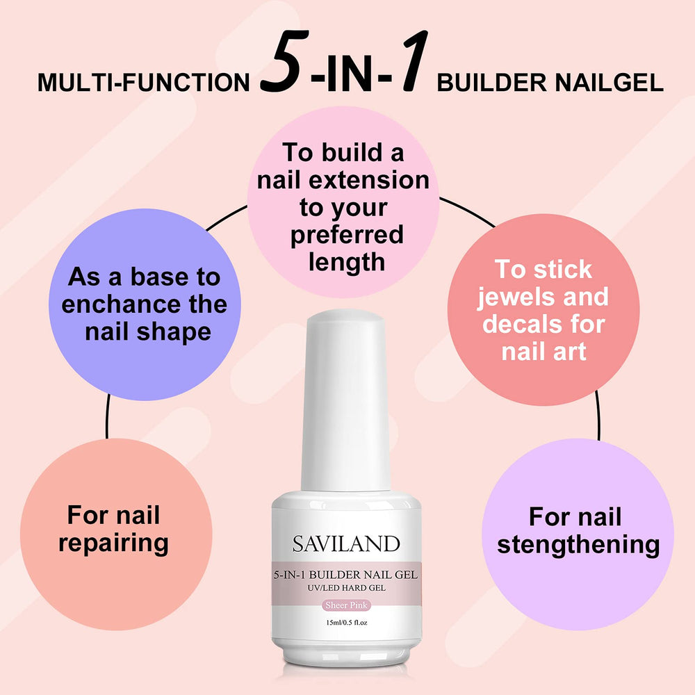 5-In-1 Builder Base Strengthening Gel - 15ml Light Pink Builder Nail Gels, U V/LED Nail Polish Gel for Professional Manicure Repair, Nails Extension, Nail Strengthen