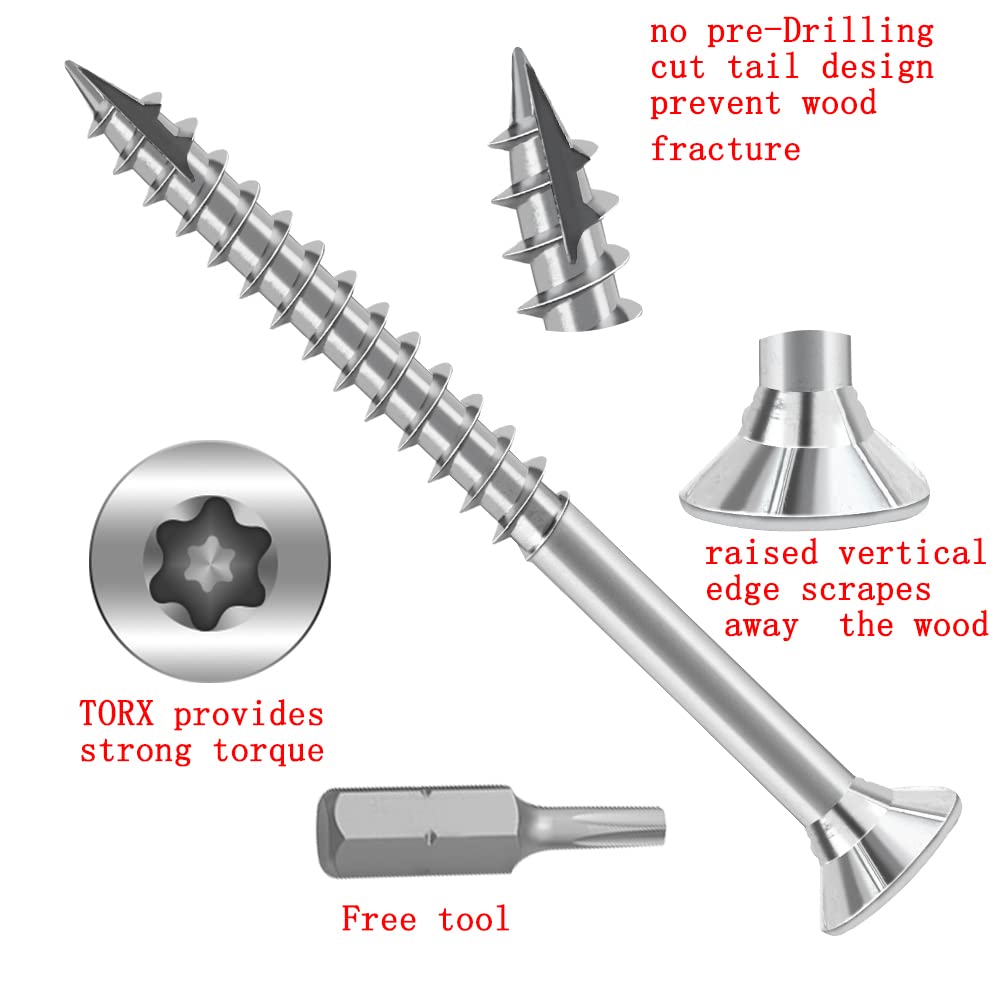 Wood Screws #6 × 1-1/2 inch Torx Star Drive Deck Screws Flat Head M3.5 × 40 Countersunk T10 Self Tapping Thread Cut 200pcs Carbon Steel Galvanized, (Small Box)
