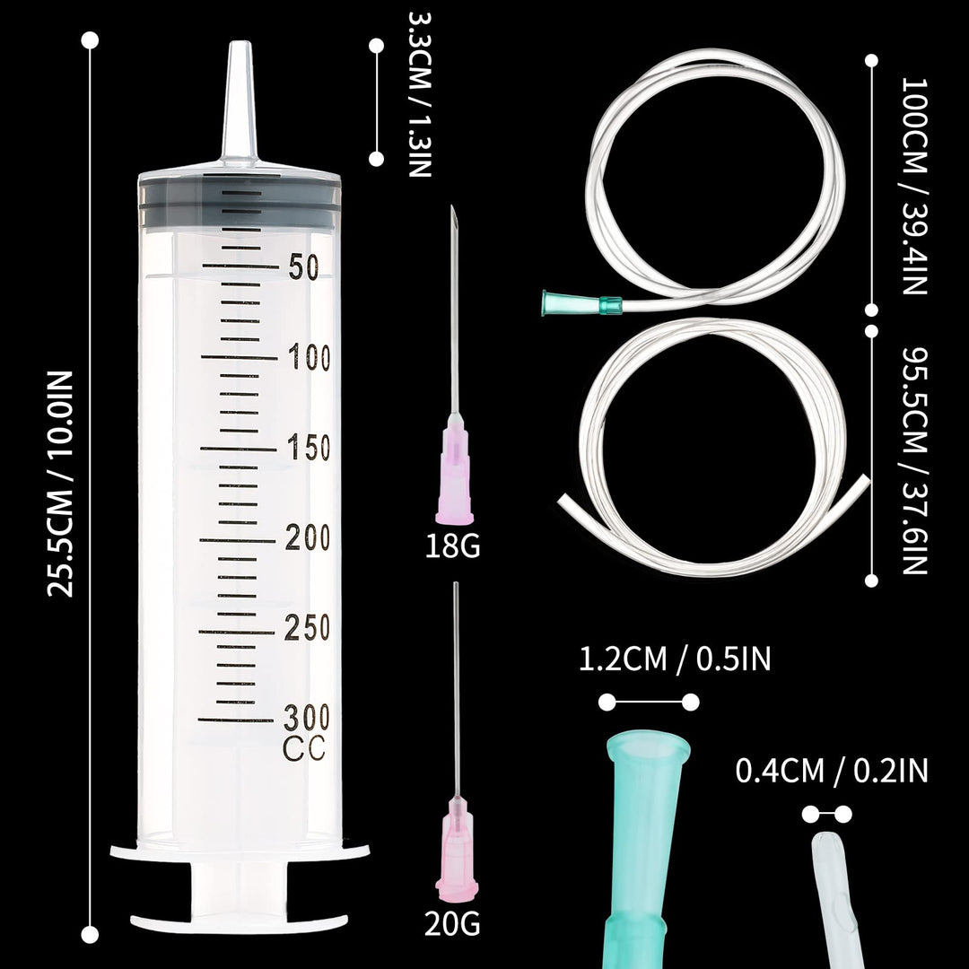 2 Pack 300ml Syringe with 40 Inch Tube and 18Ga 20Ga Dispensing Needle for Scientific Labs, Watering, Refilling