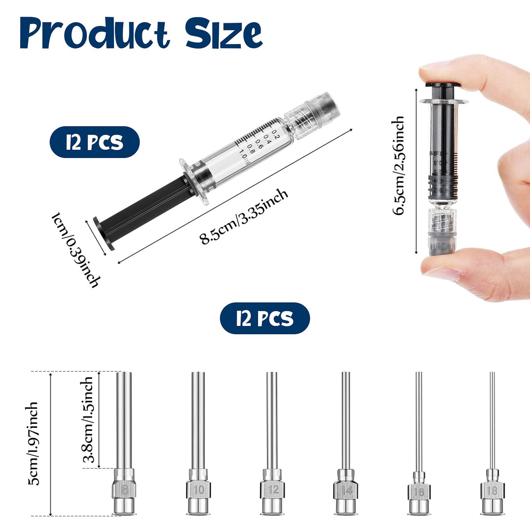 24 Pieces Borosilicate Glass Syringes Set Include 12 Pieces 1 ml Borosilicate Glass Syringe Lock and 12 Pieces Stainless Steel Lock Dispensing Needle for Thick Liquids, Ink Use