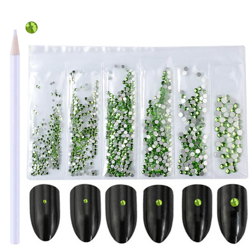 1440 Piece Light Green Mix-Size Nail Art Diamond Rhinestone Flat Back Nail Crystals And Gem Manicure Decoration With 1Pc Picker Pencil