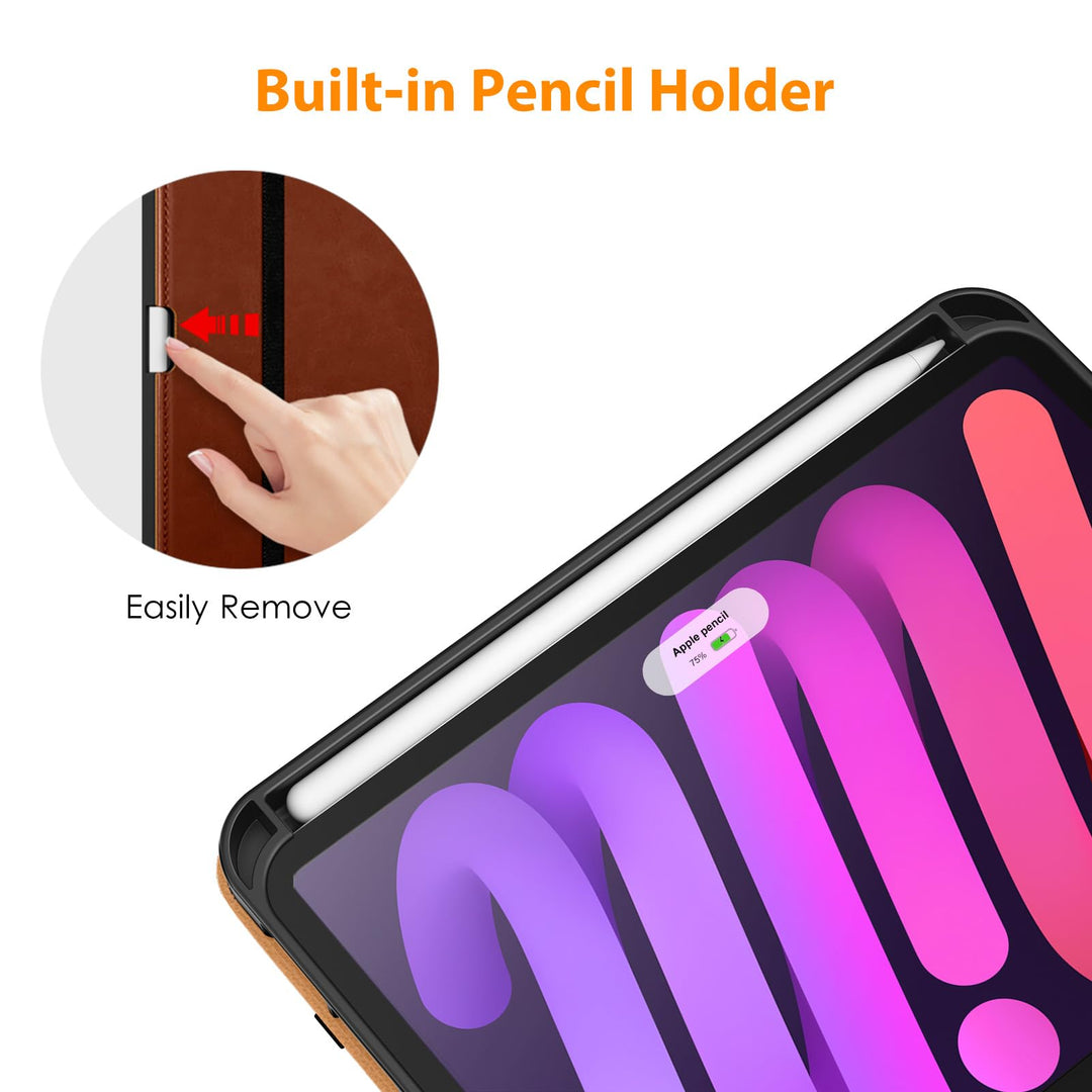 for iPad Mini 7th/6th Generation Case 8.3 Inch 2024/2021, Premium Leather Business Folio Stand Cover for iPad Mini 7 (A17 Pro) / Mini 6 with Pencil Holder-Multiple Viewing Angles, Brown
