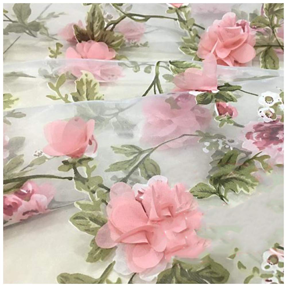 Lace Fabric Organza 3D Pink Chiffon Rose Floral Embroidery Wide 55 in (Length 1 m/39 in)