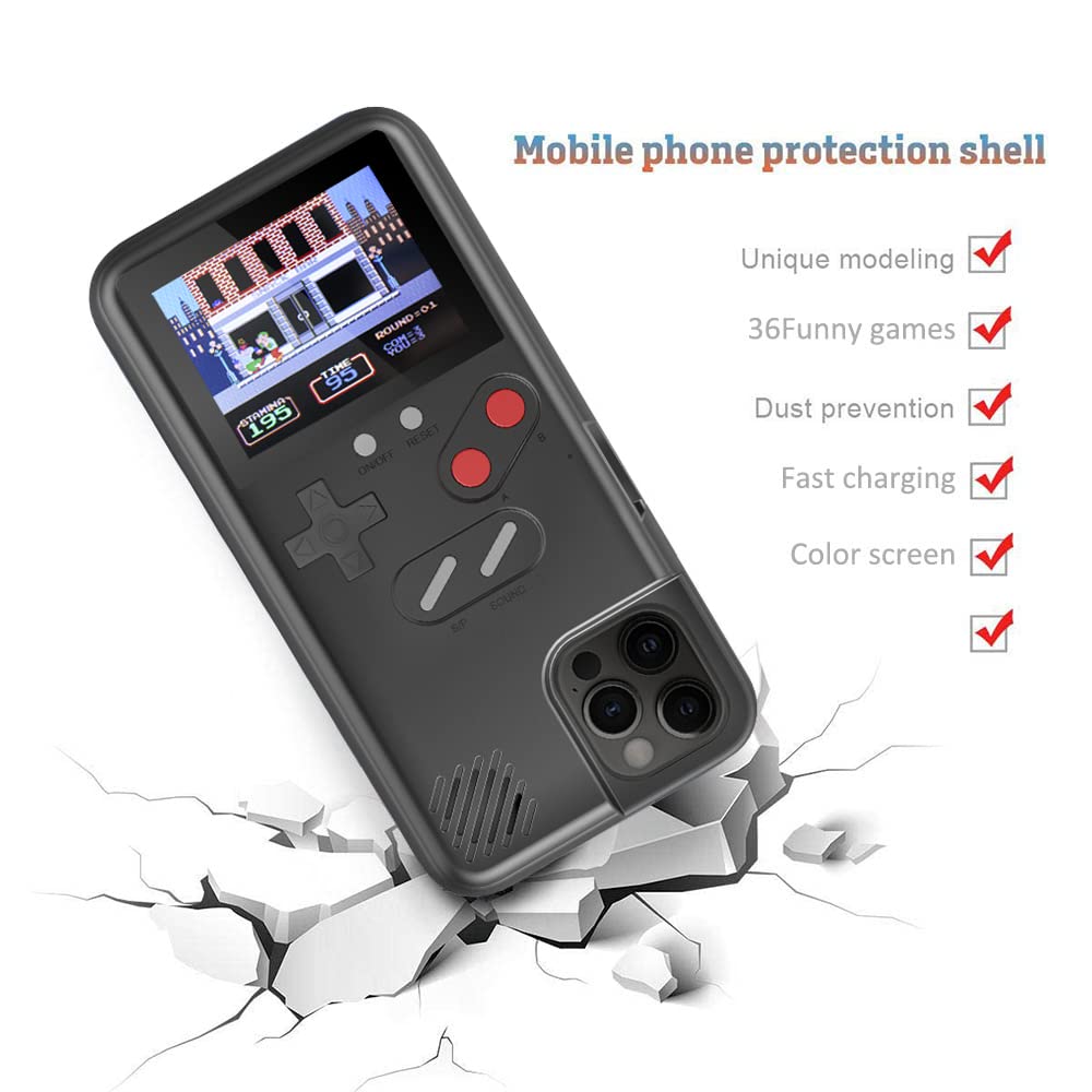 Gameboy Case for iPhone, Retro 3D Phone Case Game Console with 36 Classic Game, Color Display Shockproof Video Game Phone Case for iPhone Black