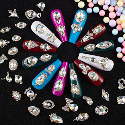 Nail Rhinestones 48Pcs Big Charms Silver 3D Crystals Iridescent Diamonds Silver Metal Frame for DIY Crafts Nail Art