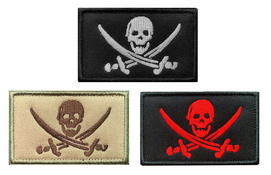 3 Pcs Black Red Brown Pirate Flag Patch Jolly Roger Captain Jack Tactical Military Emblem Badge Hook & Loop Patch for Backpacks Caps Hats Vests Military Uniforms Etc.