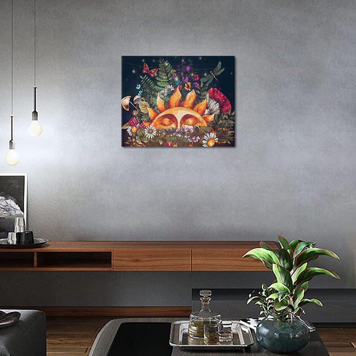 Adults Kids Paint by Numbers Sun DIY Oil Painting, Hippie Paint by Numbers, Mushroom Flowers Butterfly Adult Paint by Number for Home Wall Decor Painting Kit Frameless 16x20 Inch