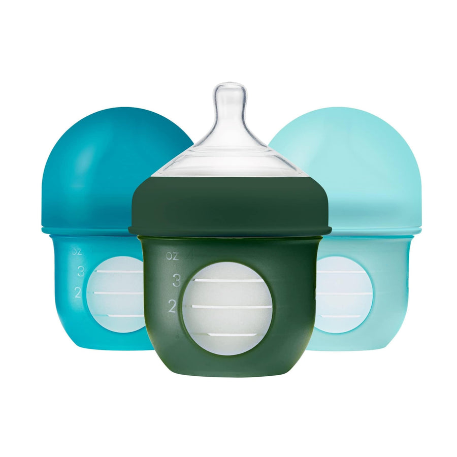 Nursh Reusable Silicone Pouch Baby Bottles - Slow Flow Nipple - Silicone Baby Bottle Pouch and Nipple - Baby Feeding Essentials - Blue - 0-3 Months - 3 Count - 4 Ounce