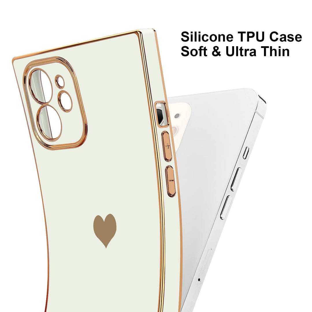 Compatible with iPhone 12 Case Rectangle Cute Plating Gold Luxury Love Heart Phone Case for Women Girls Shockproof Raised Full Camera Lens Protection Bumper Cover for iPhone 12, White