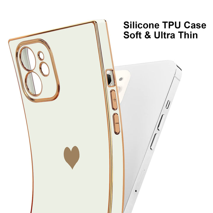 Compatible with iPhone 12 Case Rectangle Cute Plating Gold Luxury Love Heart Phone Case for Women Girls Shockproof Raised Full Camera Lens Protection Bumper Cover for iPhone 12, White