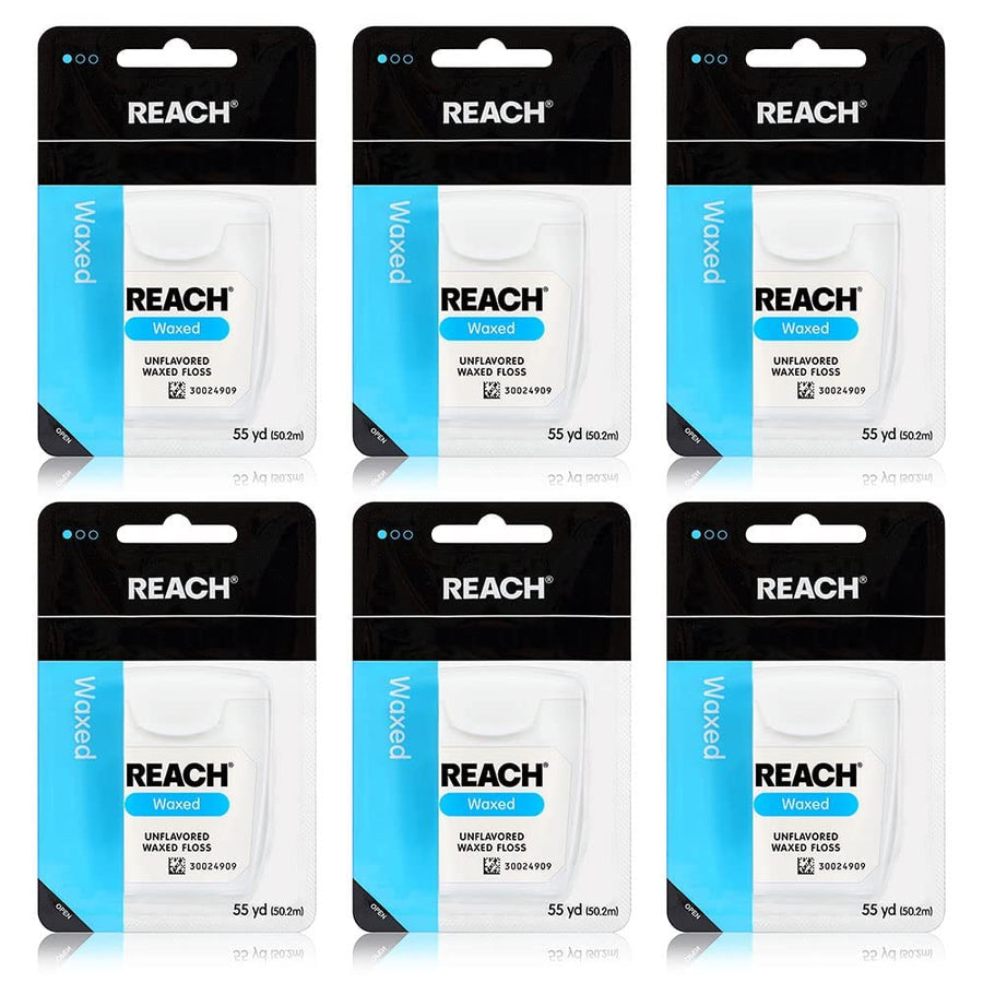 REACH Waxed Dental Floss, Unflavored, Plaque Remover for Teeth, Shred Resistant, Floss Slides Smoothly, Easy to Use, Waxed, Deep Cleaning Teeth, Oral Care, PFAS Free, for Adults & Kids, 6 Pack, 55 yd