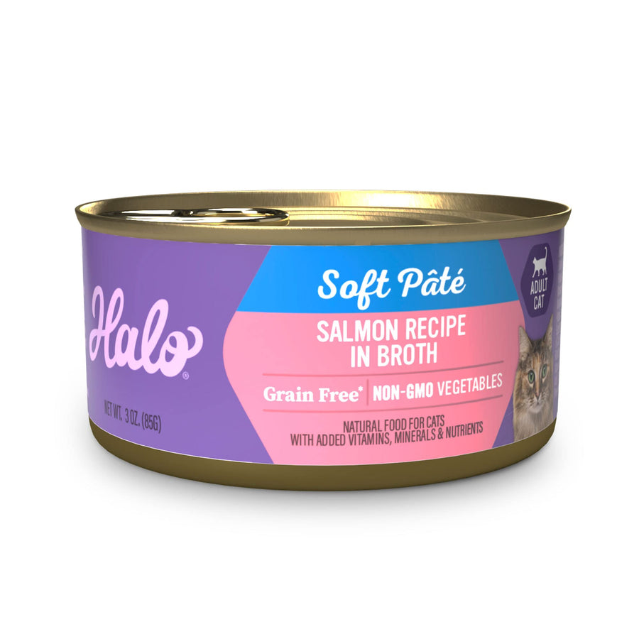 Adult Grain Free Wet Cat Food Soft Pate, Salmon Recipe in Broth, Healthy Cat Food with Real, Whole Salmon, 3 oz Can (Pack of 12)