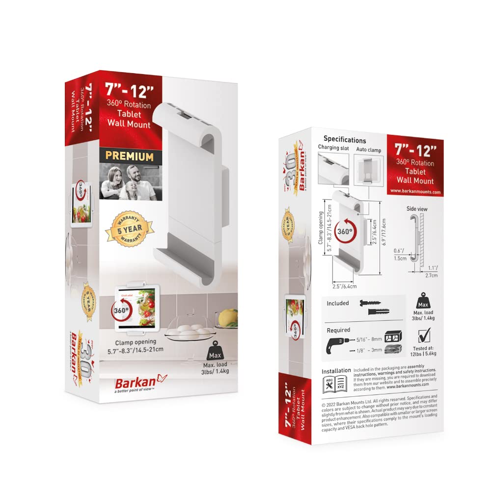 7-12 inch Fixed Tablet Wall Mount 3 lbs White Firm Tablet Clamp 360 Degree Rotation Very Low Profile