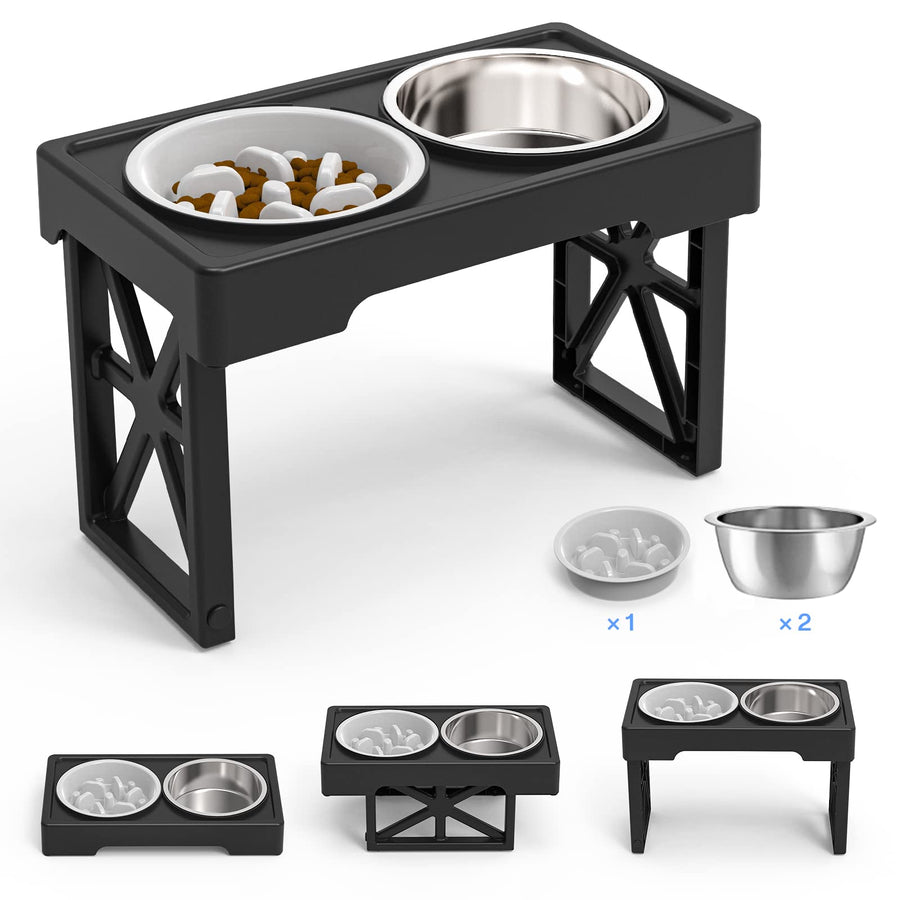 Elevated Dog Bowls, 3 Height Adjustable Raised Dog Bowl Stand with 2 Stainless Steel 44oz Food Water Bowl & Slow Feeder, Non-Slip Dog Dish Adjusts to 2.5'' 7.5'' and 11.6'' for Small Medium Large Dogs