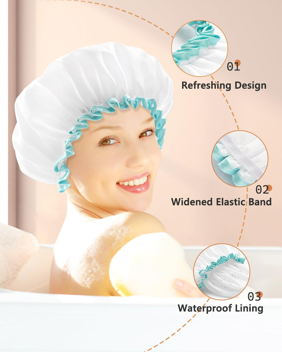 Waterproof Mold Resistant Washable Shower Cap for Girls and Women Cute and Soft White