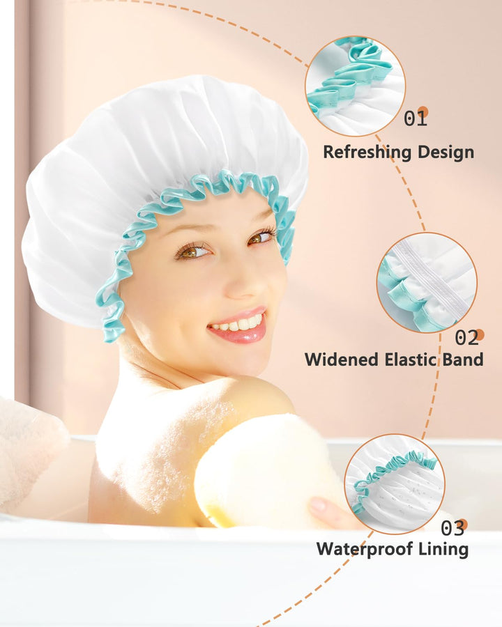 Waterproof Mold Resistant Washable Shower Cap for Girls and Women Cute and Soft White