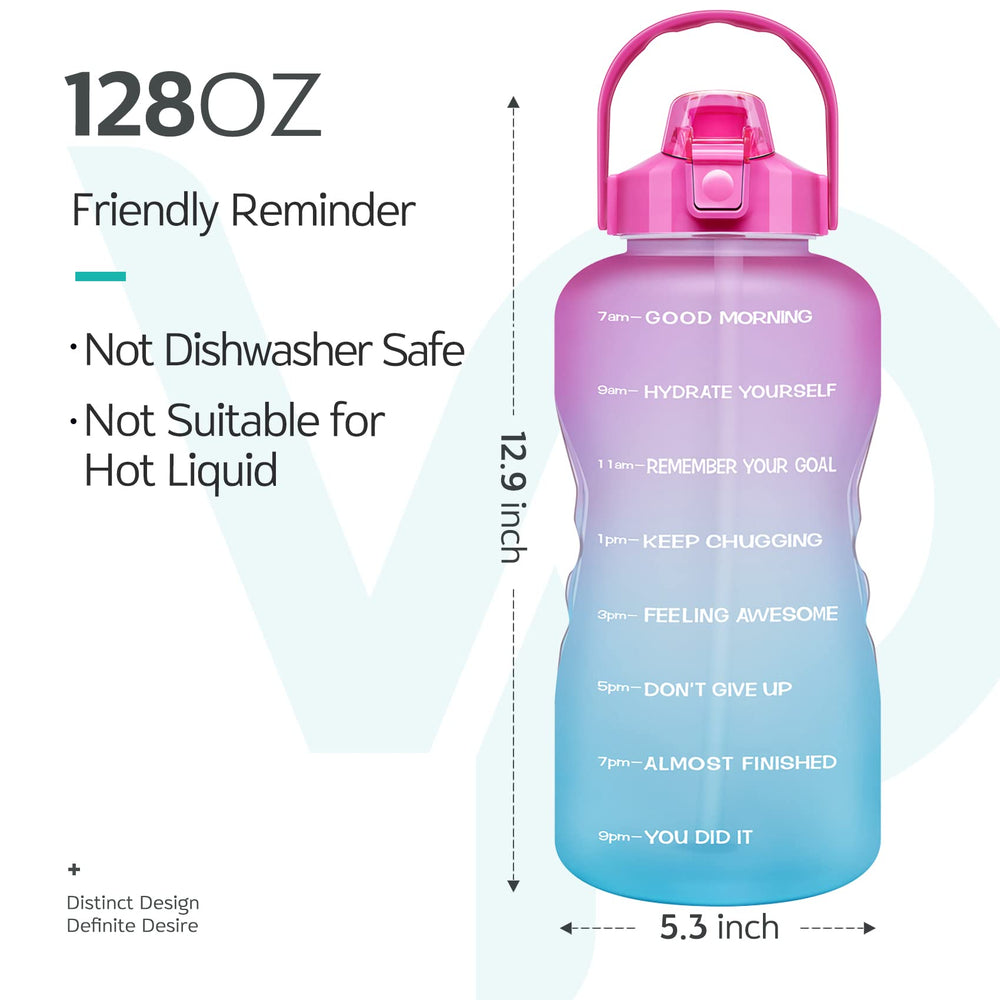 1 Gallon Large Motivational Sports Water Bottle with Time Marker & Straw, Leakproof BPA Free Reusable Fitness Water Jug for Gym,Work and Outdoor Sports-Ombre Fuschia Green