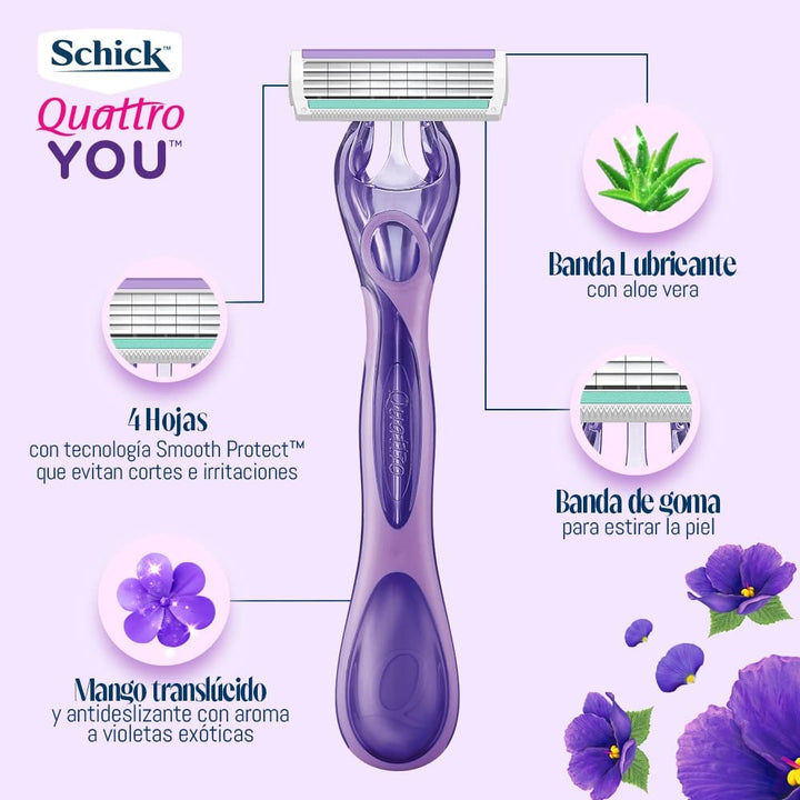 Schick Quattro YOU Exotic Violet Blooms Disposable Razor for Women, 4 Count