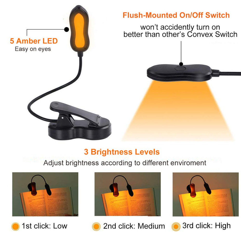 Amber Book Light, Rechargeable Blue Light Blocking Reading Light, Clip on Book Lamp, 3 Brightness Eye Care Sleep Aid Lights, for Kids, Bookworms and Kindle
