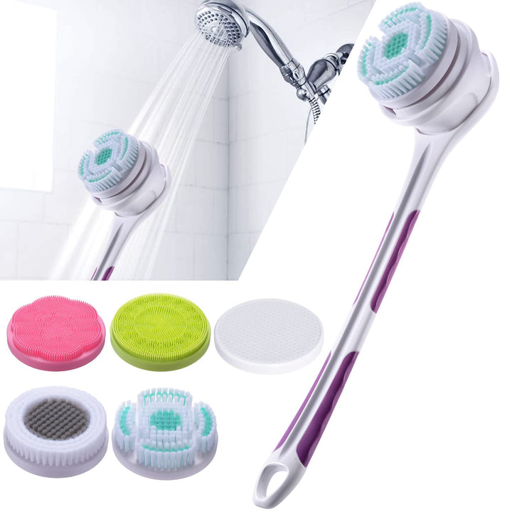 Electric Body Brush with 5 Attachments: Rechargeable Back Brush IPX7 Long Handle Exfoliating Spin Scrubber for Shower Bathing Cleansing Wash Deep Cleaning