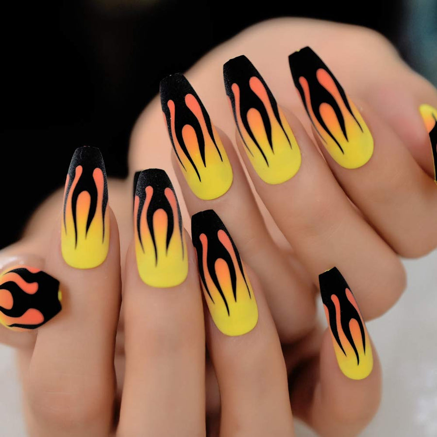 CoolNail Fire Nails Matte Black Yellow Press on False Nails Extra Long Coffin Ballerina Frosted Glue On Fingersnails Free Adhesive Tapes