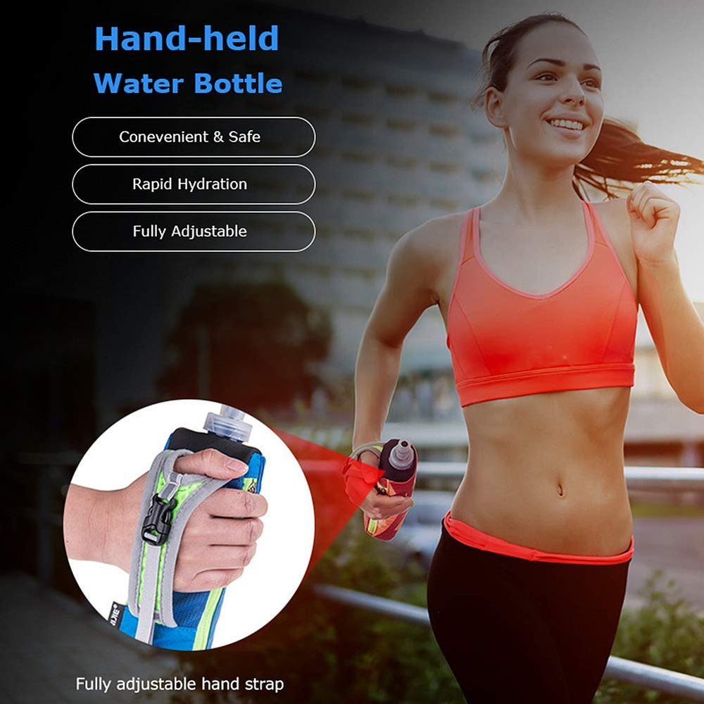 Quick Grip Handheld Soft Water Bottle for Running, Hand Strap Hydration Pack with 500ml Handheld Soft Flask Water Bottle (Blue)