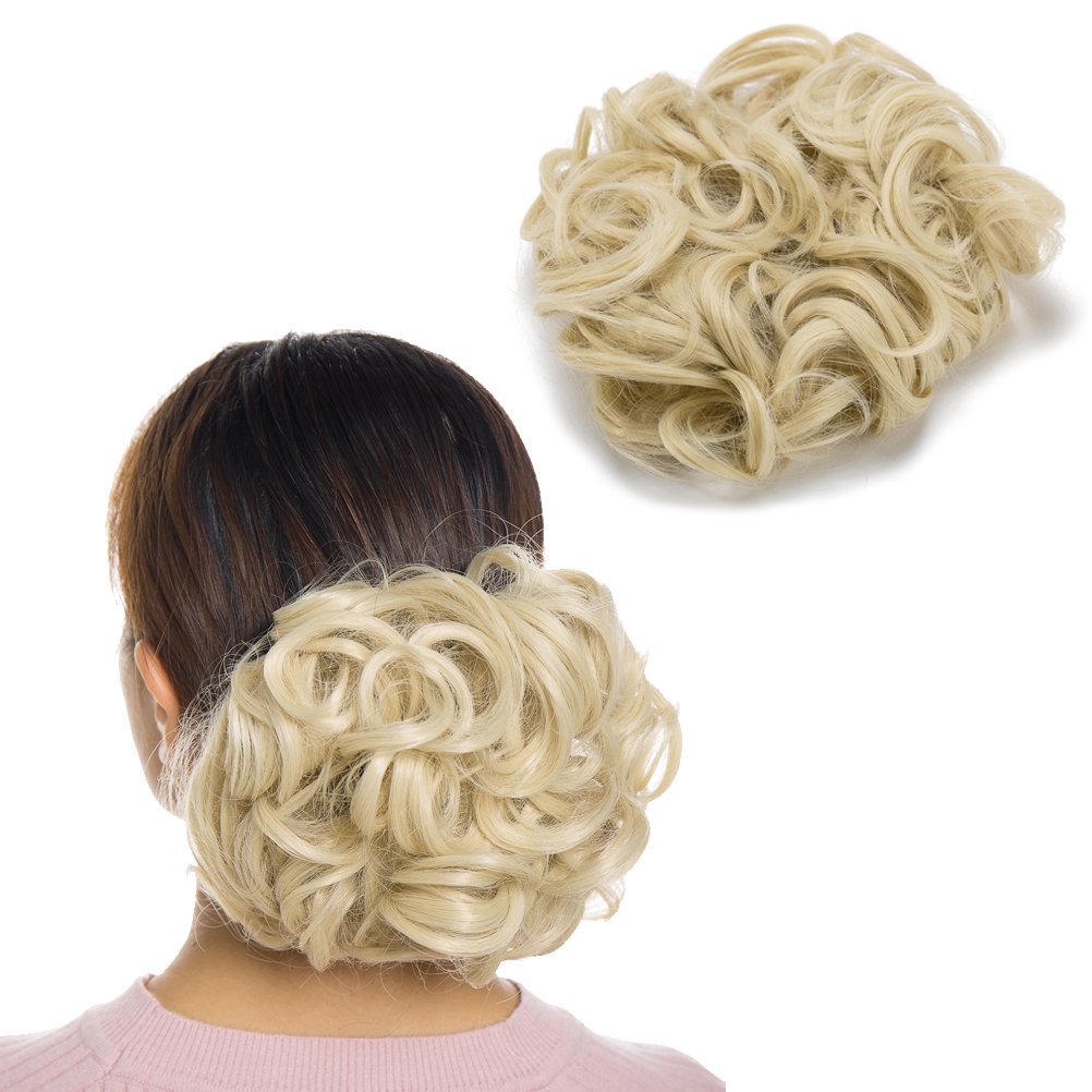 Messy Bun Hair Piece with Combs Clip in Bun Scrunchie Juva Bun Dish Fluffy Wavy Hair Updo Easy Stretch Big Chignon Short Ponytail Hairpiece for Women Bleach Blonde 90g