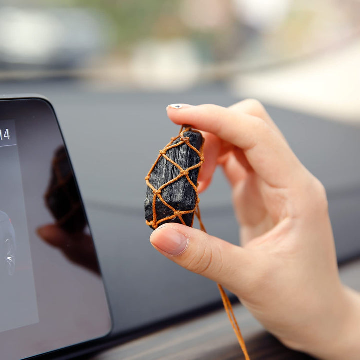 Raw Black Tourmaline Car Mirror Hanging Ornaments Braided Obsidian Crystal Decorations Car Dangle