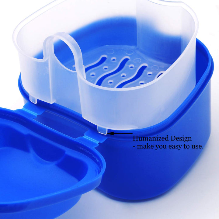 Denture Case, Denture Cup with Strainer, Denture Bath Box False Teeth Storage Box with Basket Net Container Holder for Travel, Retainer Cleaning (Blue) (Dark Blue)