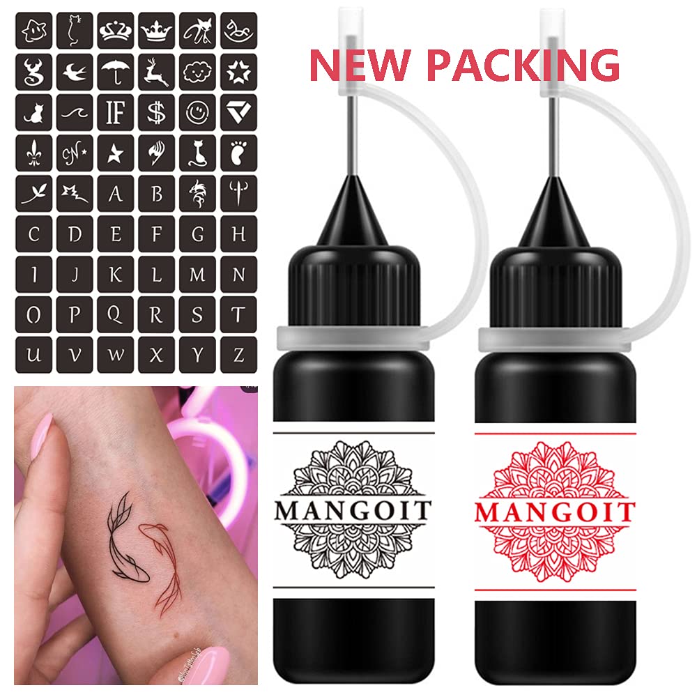 MANGOIT Temporary Tattoo Kit, Freckles Tattoo, Semi-permanent Tattoo Set, 2 Bottles Fruit Gel/Ink with 54 PCS Self-adhesive Tattoo Stencils(Black&Red)