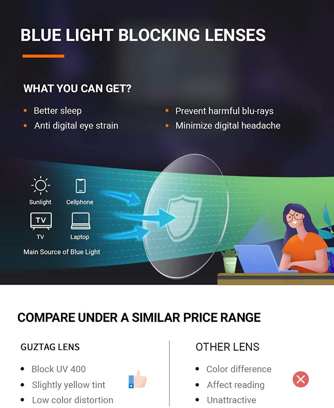 GUZTAG Blue Light Blocking Glasses - Square Computer Glasses Women/Men Eyeglasses Frame,Anti Eyestrain Computer Game Glasses (silver)