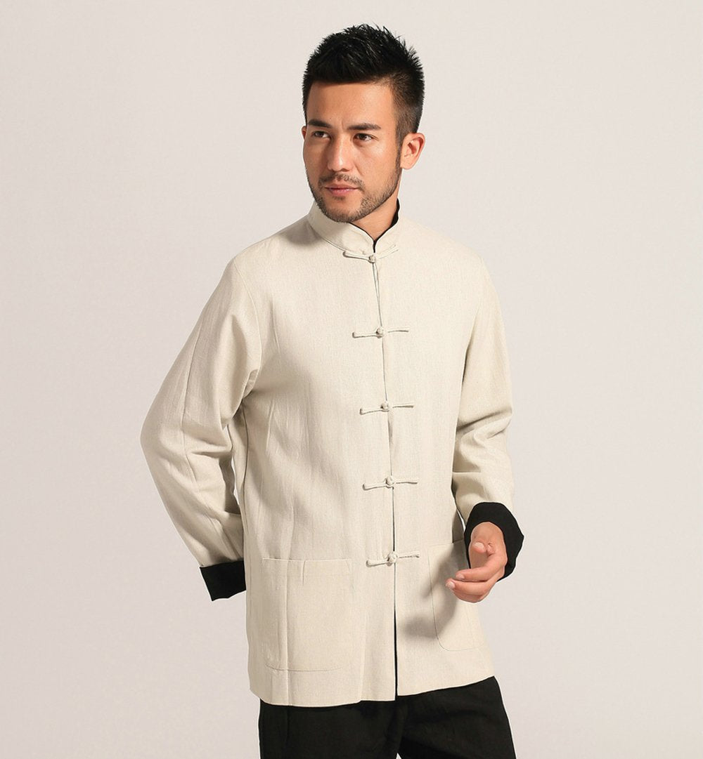 Kung Fu Jacket Both Sides Wear Tops Martial Arts Long Jersey (M, Black with Beige)