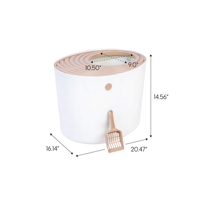 USA Cat Litter Box, Top Entry Litter Box with Scoop, Stylish Round Cat Litter Box Enclosure, Kitty Litter Box, White/Beige