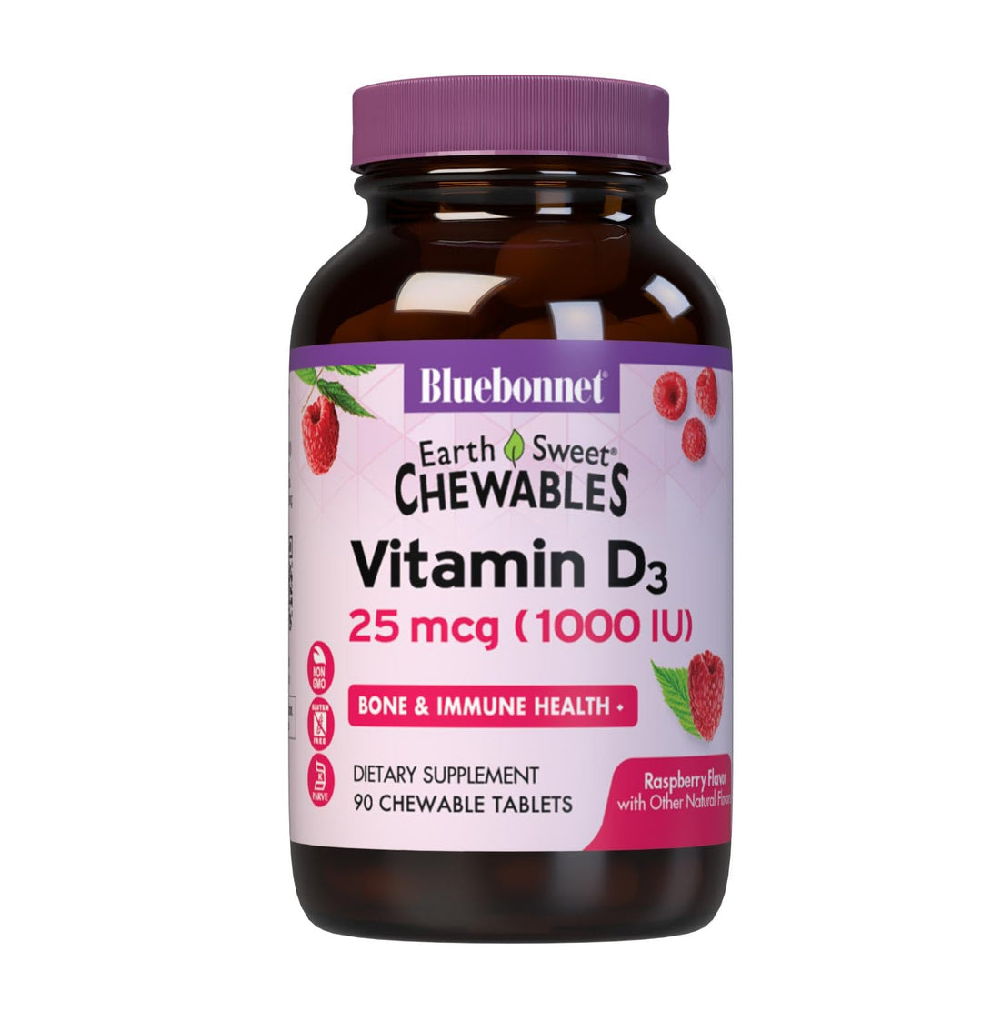 Bluebonnet Nutrition EarthSweet Vitamin D3 1000IU - Bone & Immune Support Supplement - Raspberry Chewable Vitamin D Supplement for Women & Men - Soy-Free, Gluten-Free, Non-GMO - 90 Tablets