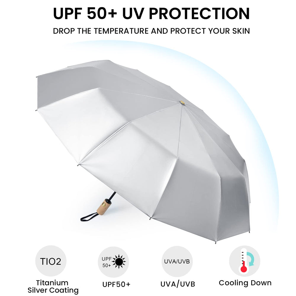 46 Inch UPF 50+ UV Protection Large Travel Umbrella with Wooden Handle, 15 Fibreglass Ribs Super Windproof Sun Blocking Folding Umbrella Auto Open Close (Lake Blue)