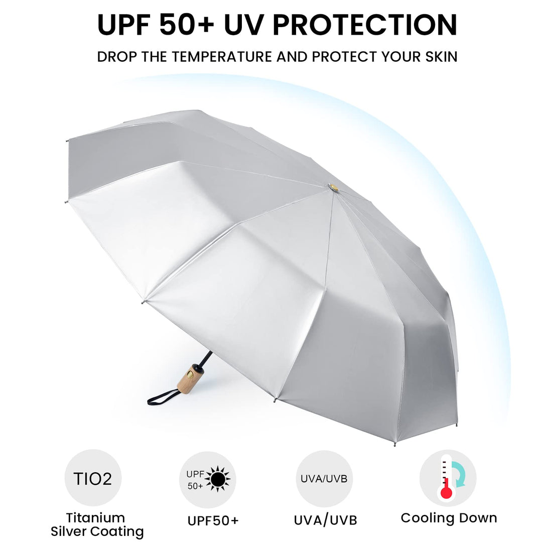 46 Inch UPF 50+ UV Protection Large Travel Umbrella with Wooden Handle, 15 Fibreglass Ribs Super Windproof Sun Blocking Folding Umbrella Auto Open Close (Lake Blue)
