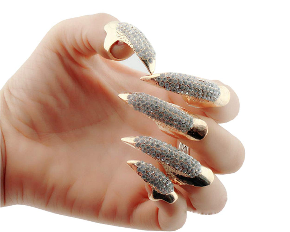 Ericotry Set of 5 Punk Style Finger Claw Ring Gothic Jewelry False Nail Retro Clear Crystal Talon Finger Ring Knuckle Bend Finger Claw for Cosplay Party (Glod)