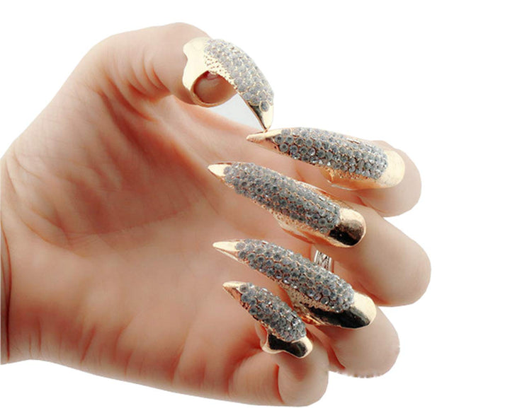 Ericotry Set of 5 Punk Style Finger Claw Ring Gothic Jewelry False Nail Retro Clear Crystal Talon Finger Ring Knuckle Bend Finger Claw for Cosplay Party (Glod)