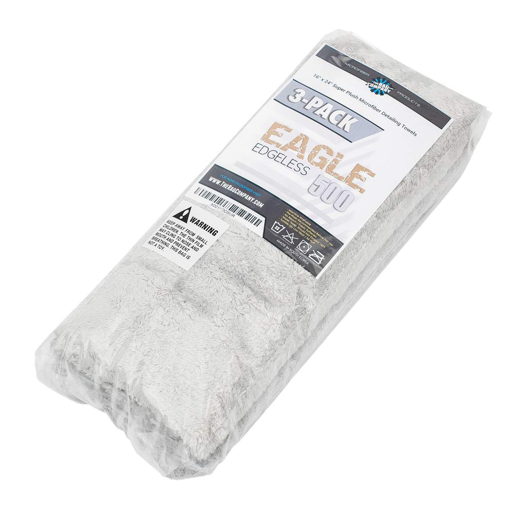 - Eagle Edgeless 500 (3-Pack) Professional Korean 70/30 Blend Super Plush Microfiber Detailing Towels, 500GSM, 16in x 24in, Ice Grey