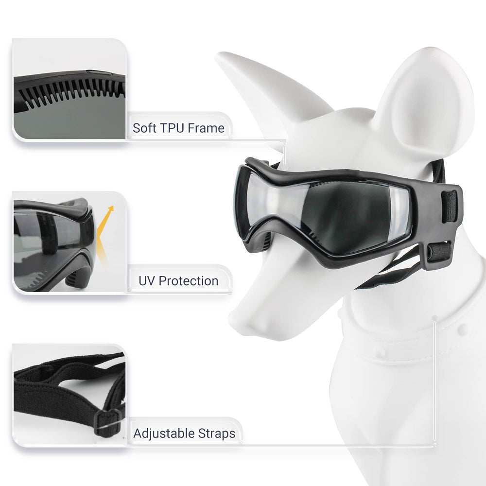 ENJOYING Dog Goggles Small Breed Anti-UV Puppy Sunglasses for Small-Medium Dogs Anti-Fog Windproof Snowproof Doggy Glasses Eyes Protection, Soft Frame, Black