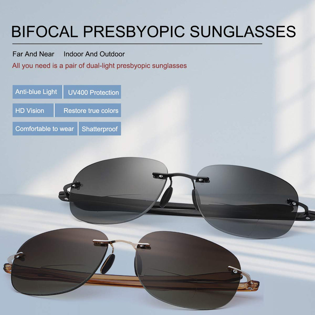 2 Pairs Rimless Bifocal Reading Glasses UV400 Protection Sunglasses Blue Light Blocking Lightweight Sun Readers for Unisex Men Women Outdoor Driving Safety Eyeglasses Tinted Lens Shades Eyewear 2.0