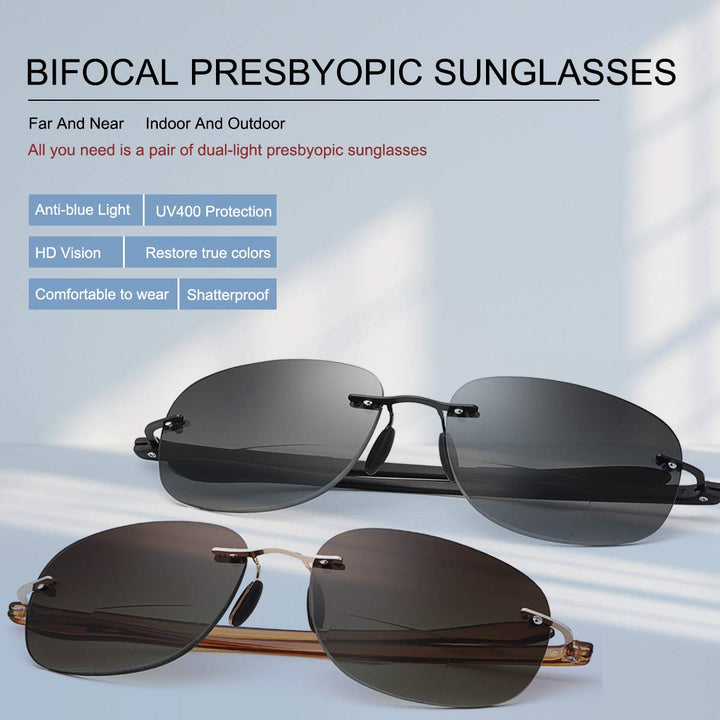 2 Pairs Rimless Bifocal Reading Glasses UV400 Protection Sunglasses Blue Light Blocking Lightweight Sun Readers for Unisex Men Women Outdoor Driving Safety Eyeglasses Tinted Lens Shades Eyewear 2.0