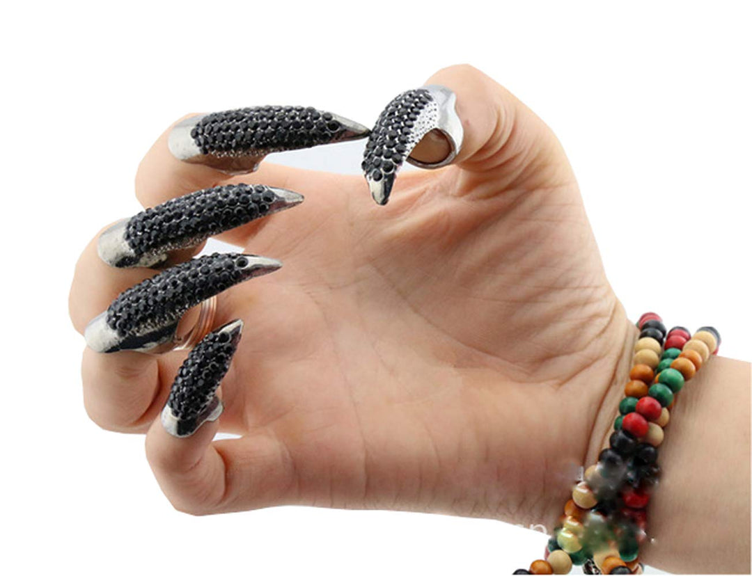 Mens Gothic Full Finger Rings Retro Punk Rock False Nail Finger Claw Eagle Claw Womens Jewelry Alloy Rhinestone Fingertip Claw for Cosplay Party Halloween Activity (5PCS/Black)
