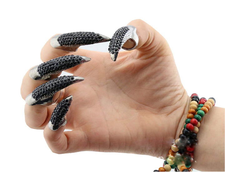 Mens Gothic Full Finger Rings Retro Punk Rock False Nail Finger Claw Eagle Claw Womens Jewelry Alloy Rhinestone Fingertip Claw for Cosplay Party Halloween Activity (5PCS/Black)