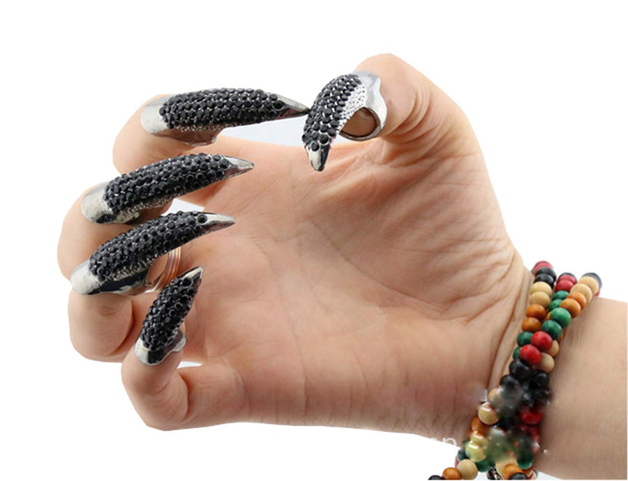 Mens Gothic Full Finger Rings Retro Punk Rock False Nail Finger Claw Eagle Claw Womens Jewelry Alloy Rhinestone Fingertip Claw for Cosplay Party Halloween Activity (5PCS/Black)