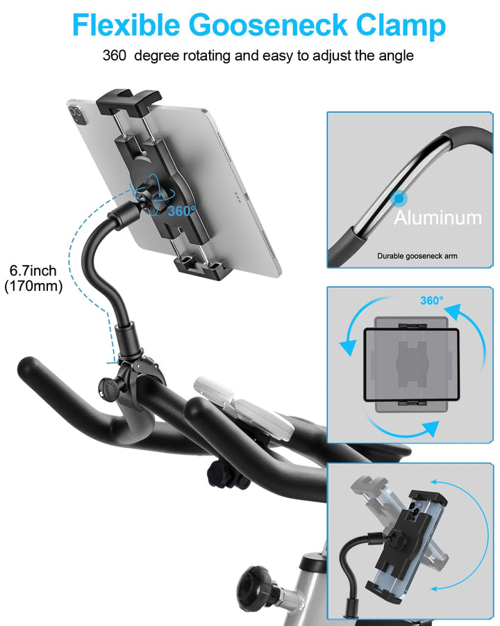 Gooseneck Spin Bike Tablet Mount, Elliptical Treadmill Tablet Holder, Indoor Peloton Stationary Exercise Bicycle Tablet Clamp for iPad Pro 12.9/Air/Mini, Galaxy Tabs, 4-13 CellPhone or Tablets