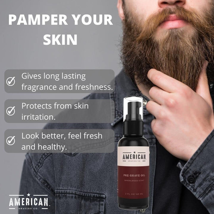 Pre-Shave Oil (Sandalwood Scent) for Effortless, Smooth & Irritation-free Shave, Natural Handcrafted Blend Argan & Jojoba Oil, Protects Razor Burn, Premium Pre-Shave Oil by American Shaving Co - 2 Oz