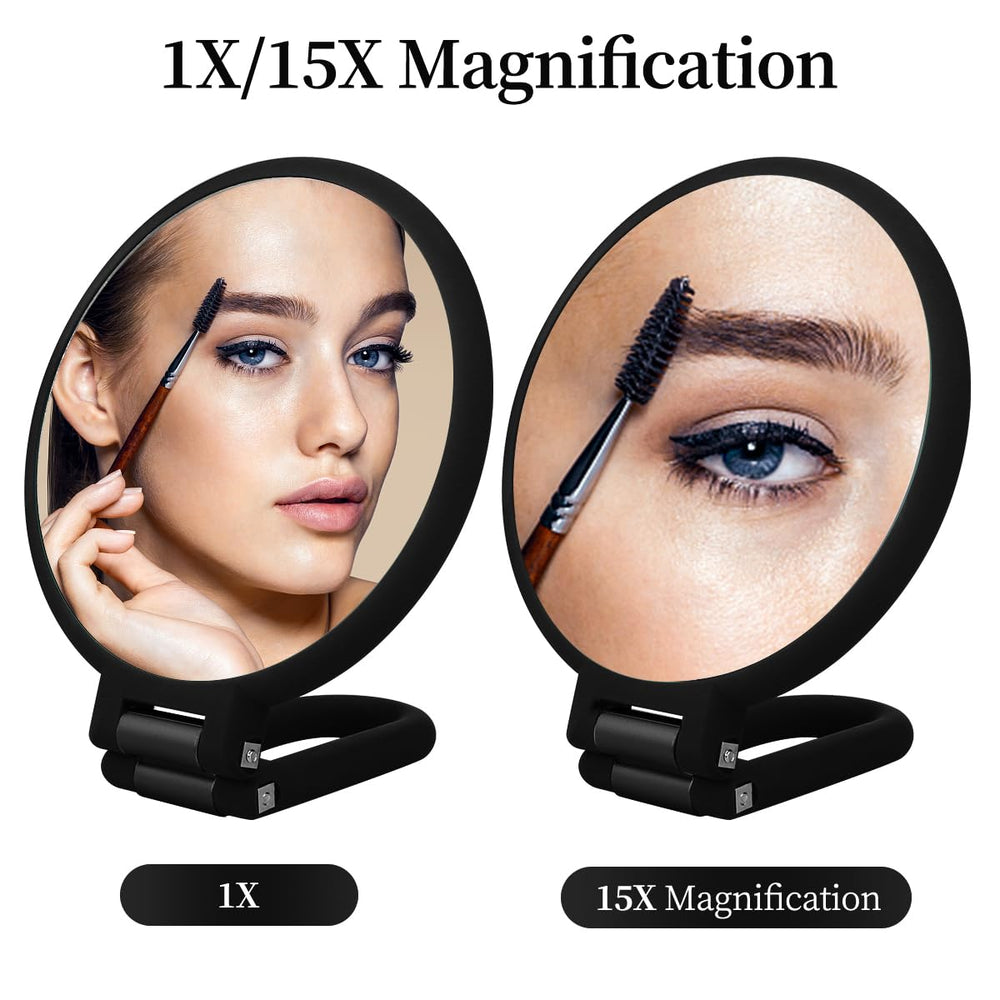 15X Double Side Magnifying Mirror, Adjustable Handle & Stand, Portable, Lightweight, Foldable, 9 X 4.7''