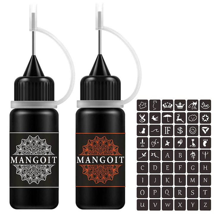 MANGOIT Temporary Tattoo Kit, Freckles Tattoo, Semi-permanent Tattoo Set, 2 Bottles Fruit Gel/Ink with 54 PCS Self-adhesive Tattoo Stencils(Black&Red)